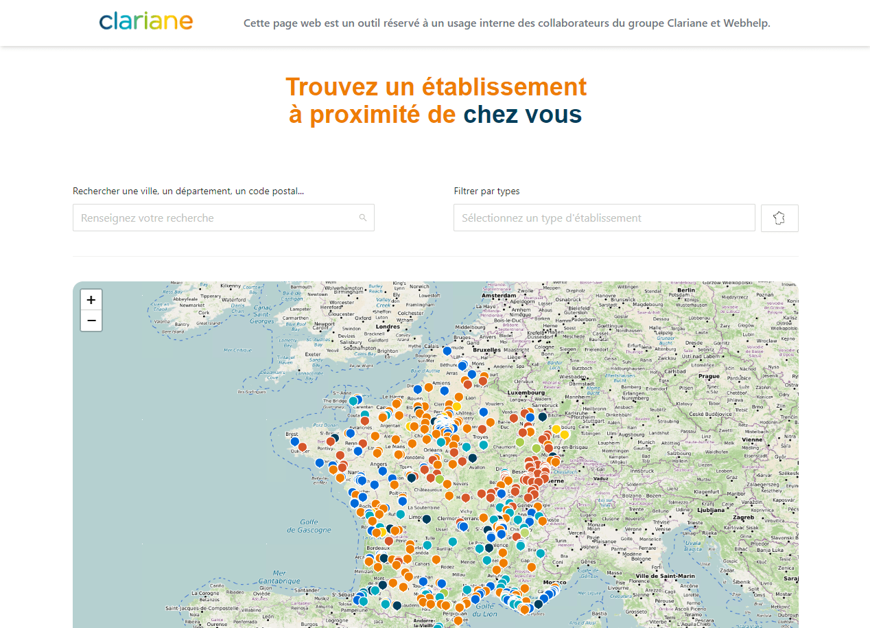 Page principale du Store Locator avec la fameuse carte de la France