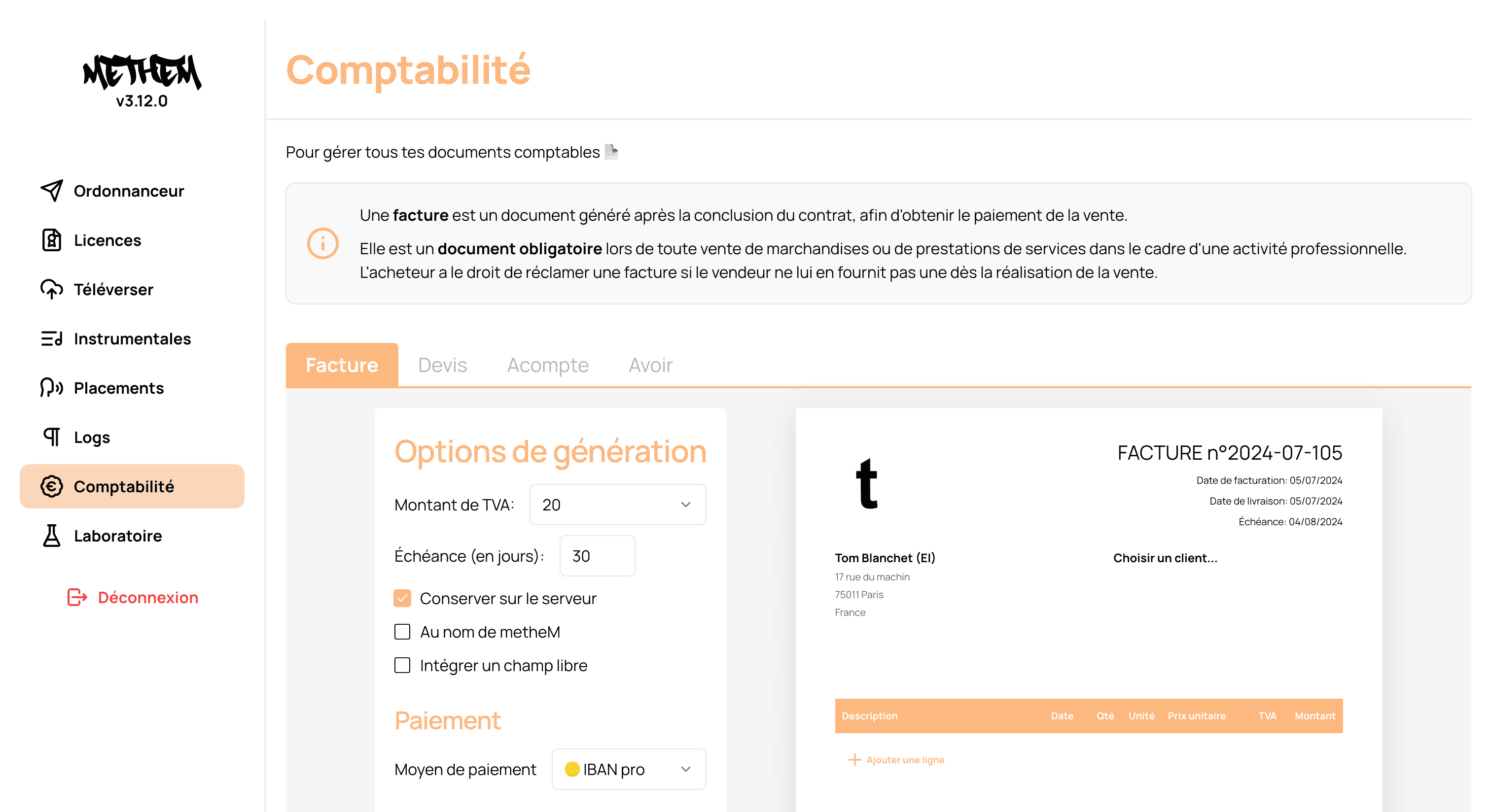 Page de création de documents comptables - ici une facture