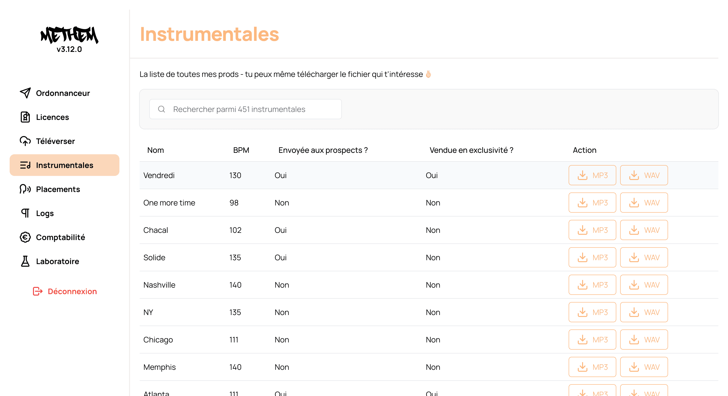 La liste de toutes les prods, avec possibilité de les télécharger en mp3 ou wav