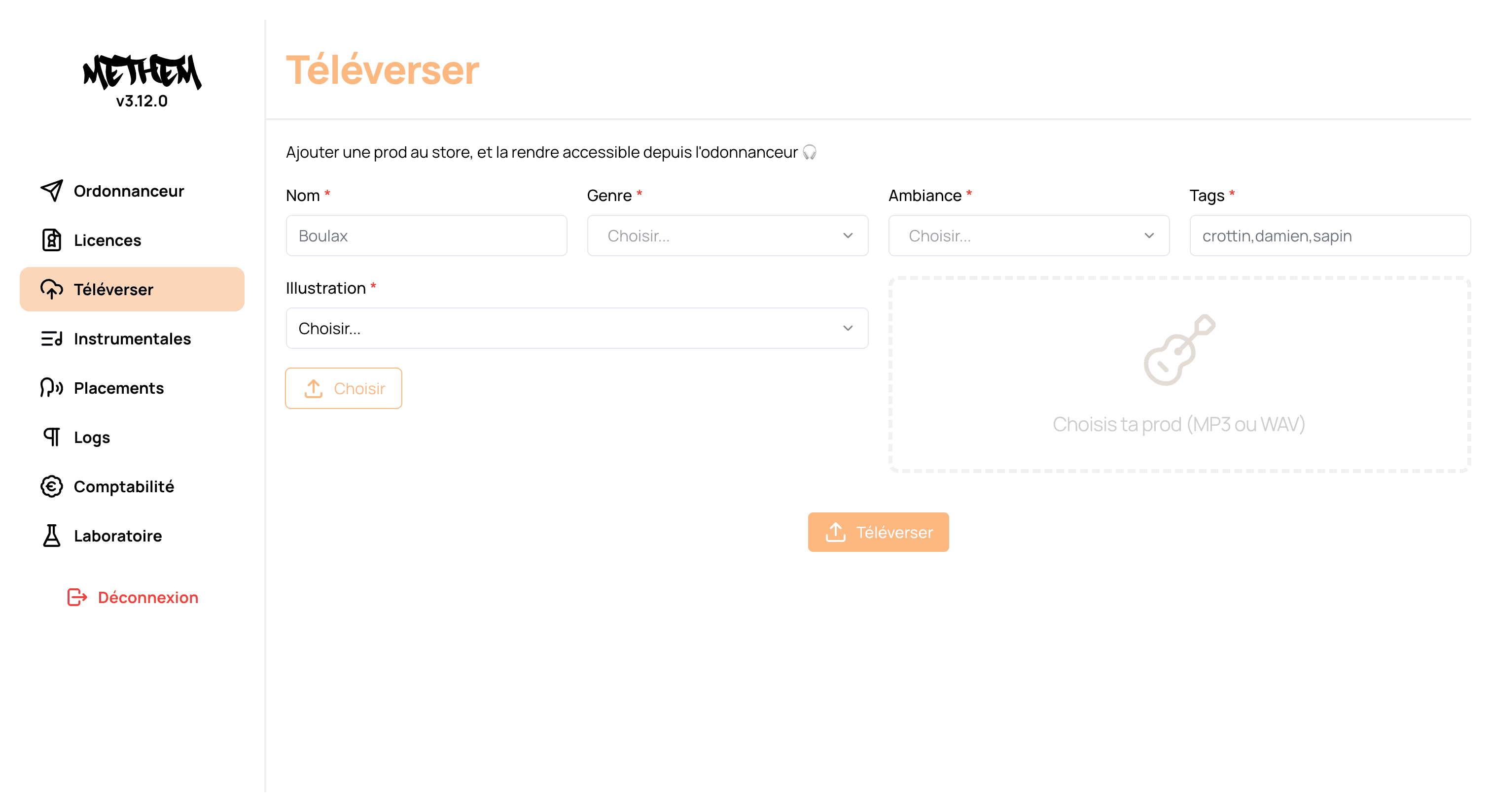 Formulaire d'ajout de prod, en choisissant un nom, un style, une image et un fichier audio