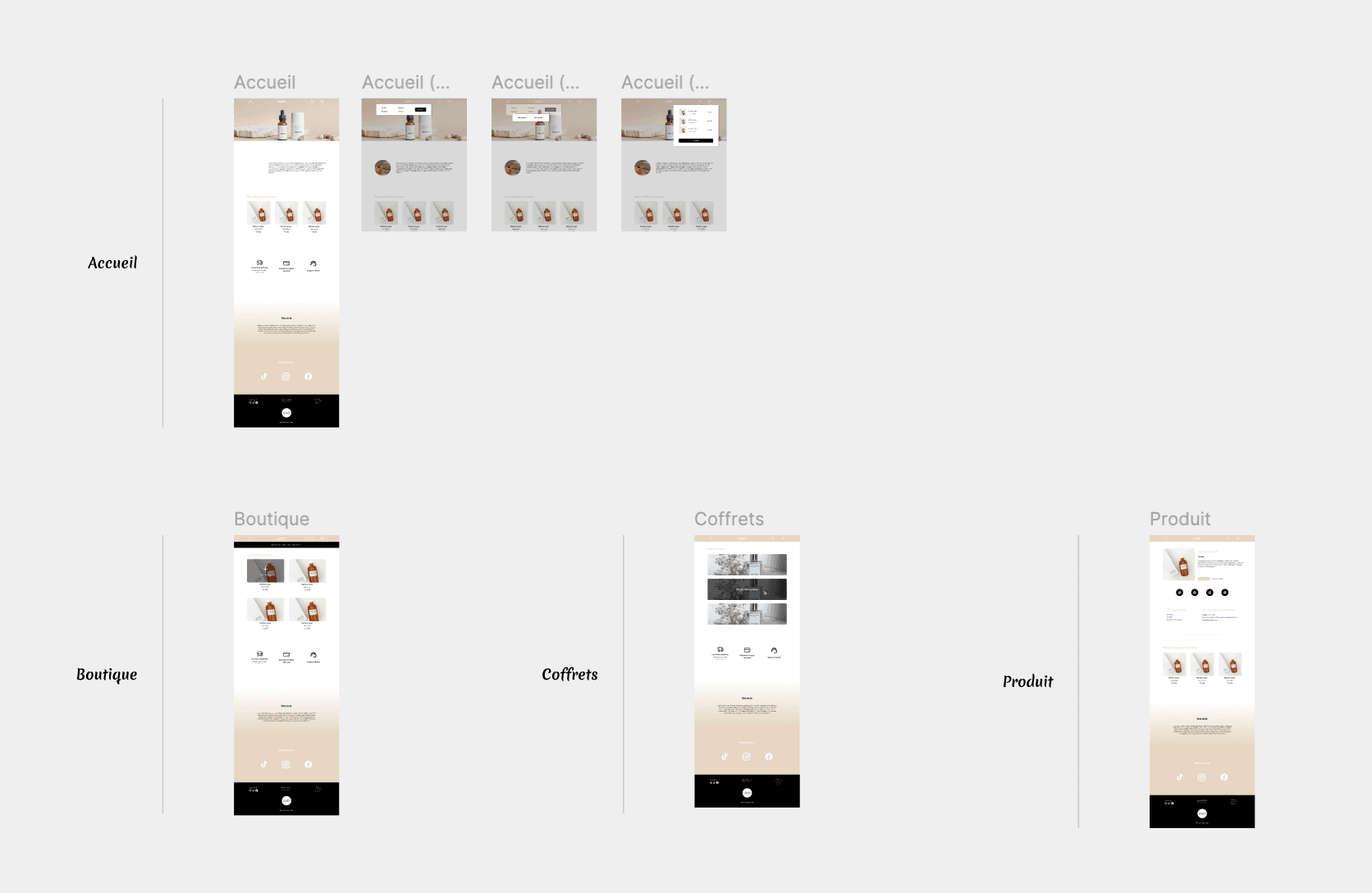 Quelques écrans de mon fichier Figma (on voit les différents états du menu)